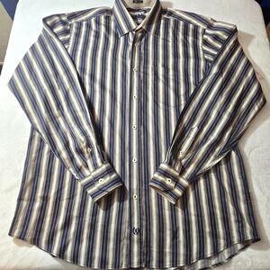 Bugatchi Uomo Mens Stretch Striped  Blue/Cream/Brown Classic Fit Shirt SZ Medium